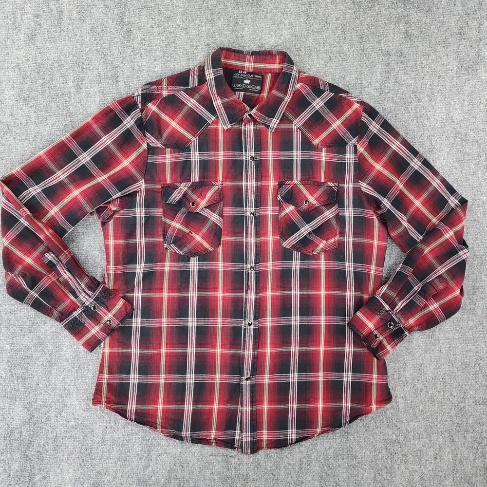 Buckle Shirt Mens 2XL Red Plaid Long Sleeve Western Pearl Snap Embroidered Pop